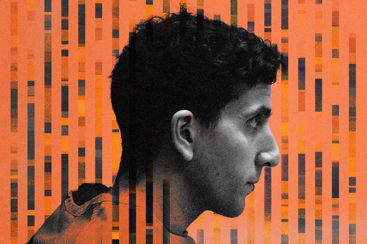 A black-and-white profile image of Bryan Kohberger, over an orange DNA-studded backdrop.