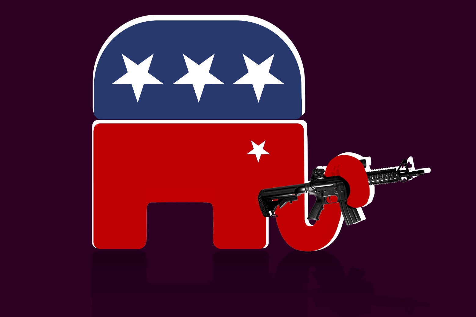 The GOP elephant holds a gun in its trunk.