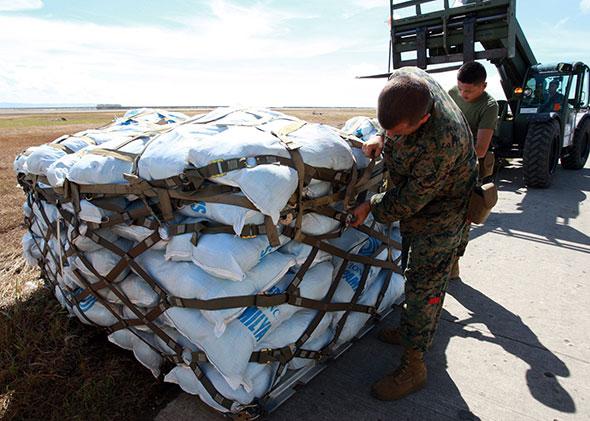 US marines prepare relief for people affected in the aftermath of Typhoon Haiyan.