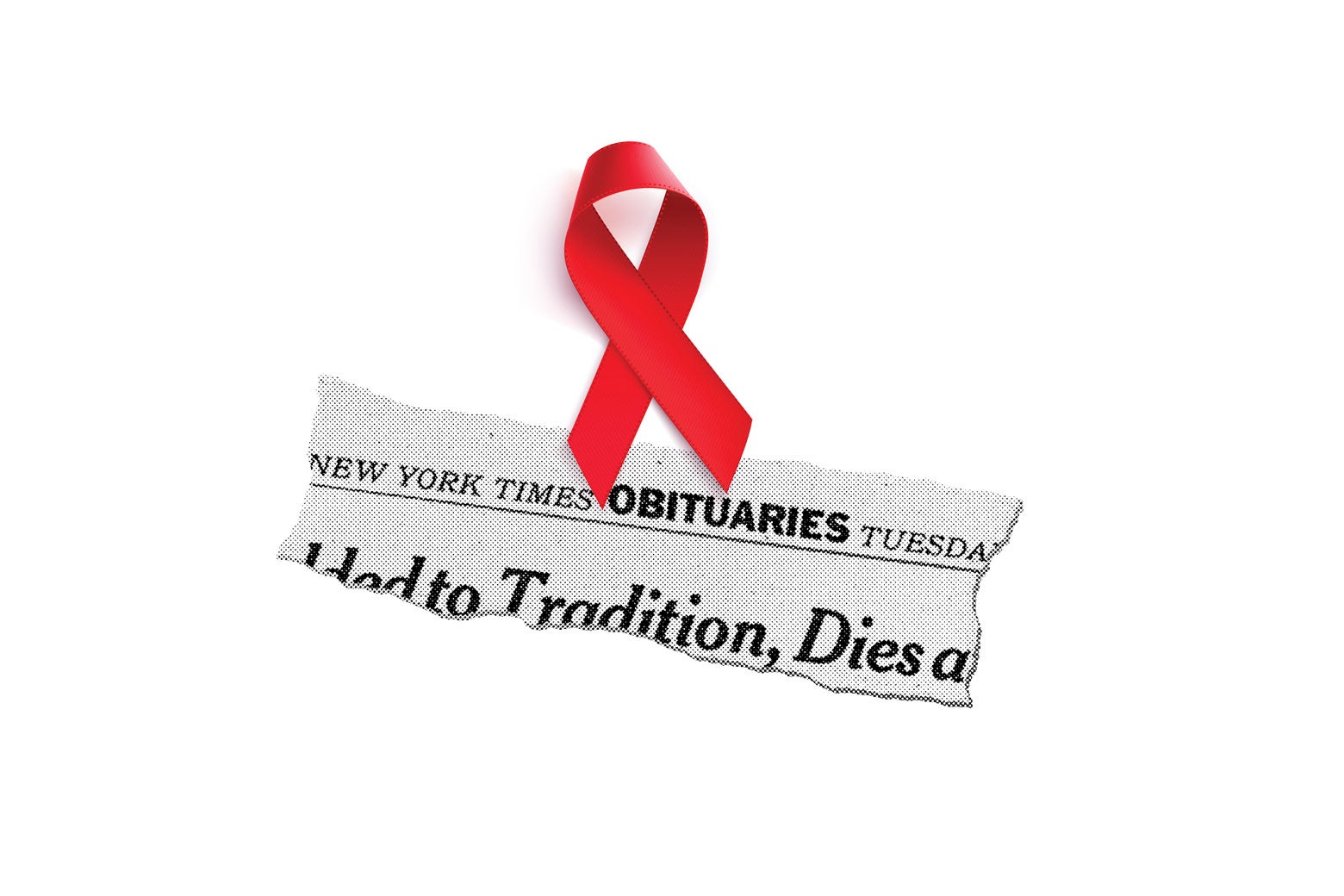 A red AIDS ribbon over a New York Times obit headline.