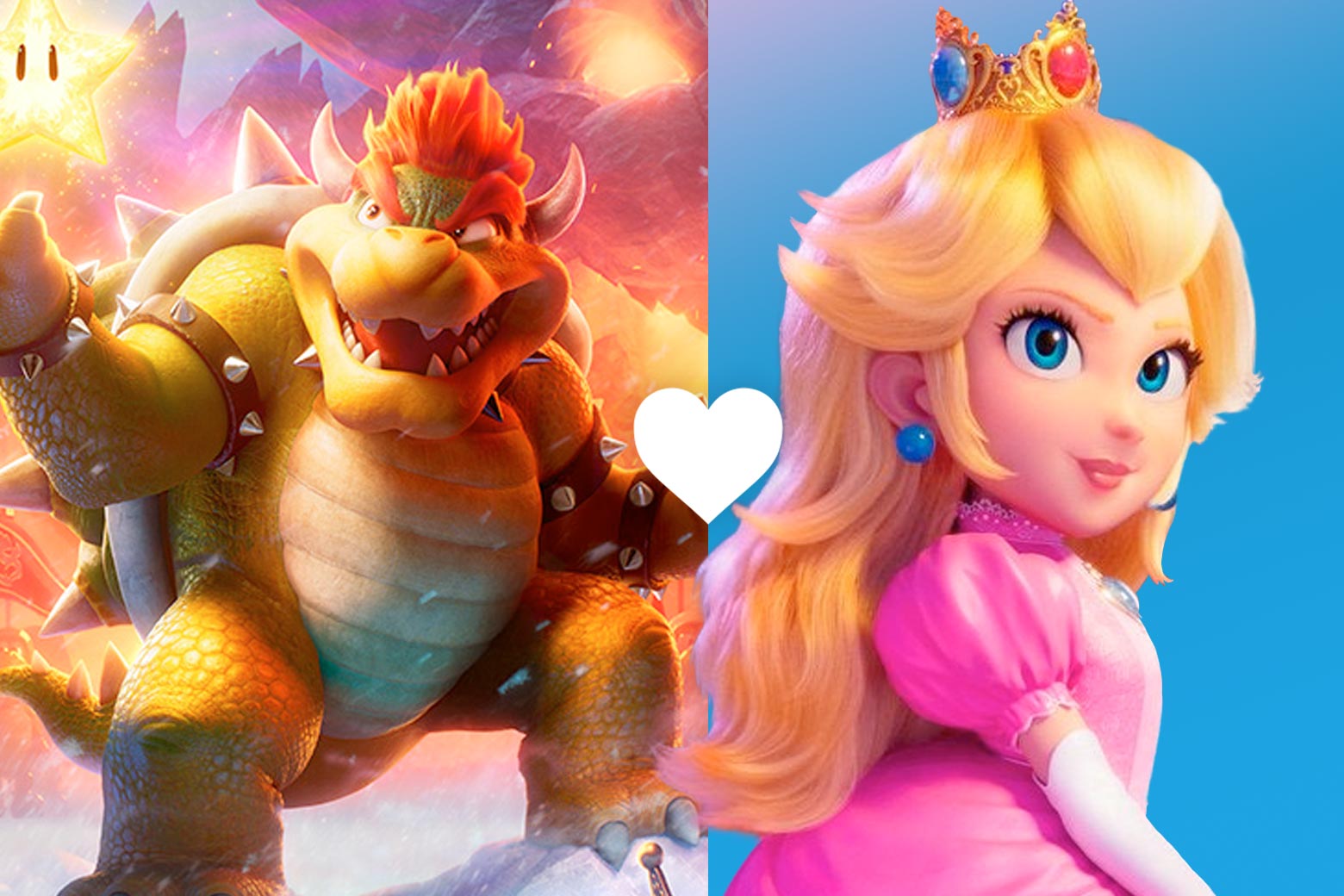 The character Bowser and the character Peach, from the Super Mario movie. 
