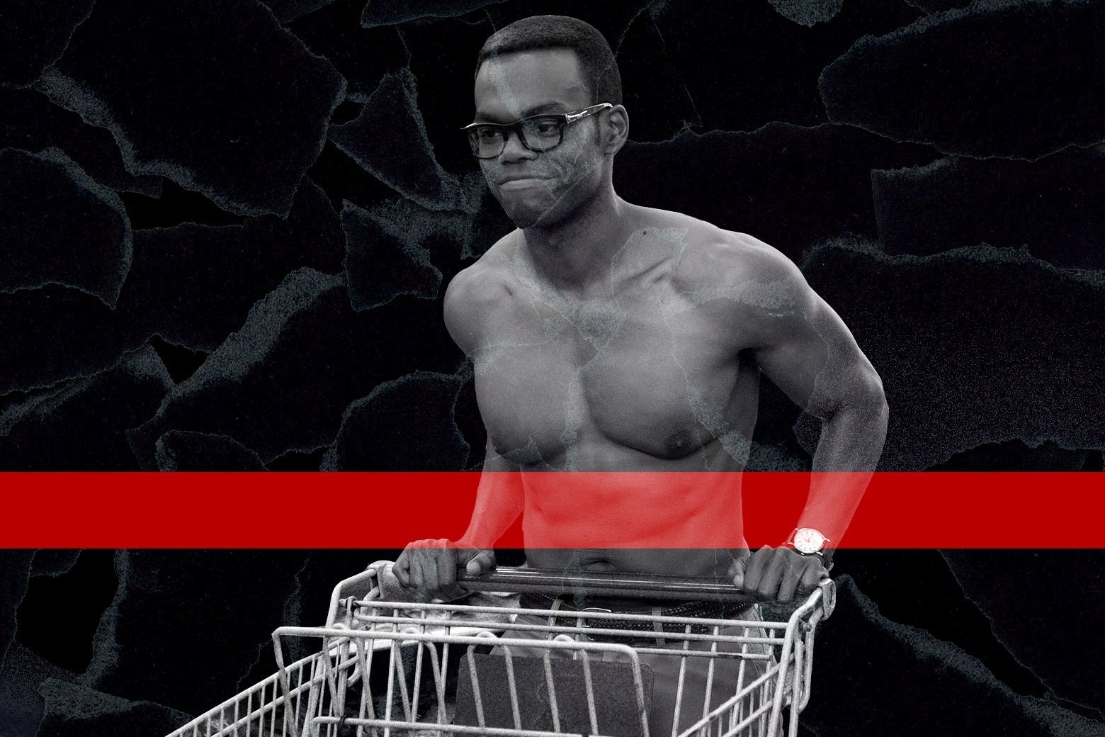 A shirtless William Jackson Harper in a scene from The Good Place.
