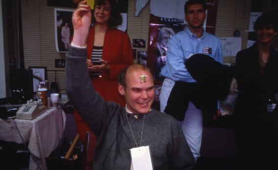 Still of James Carville from The War Room.