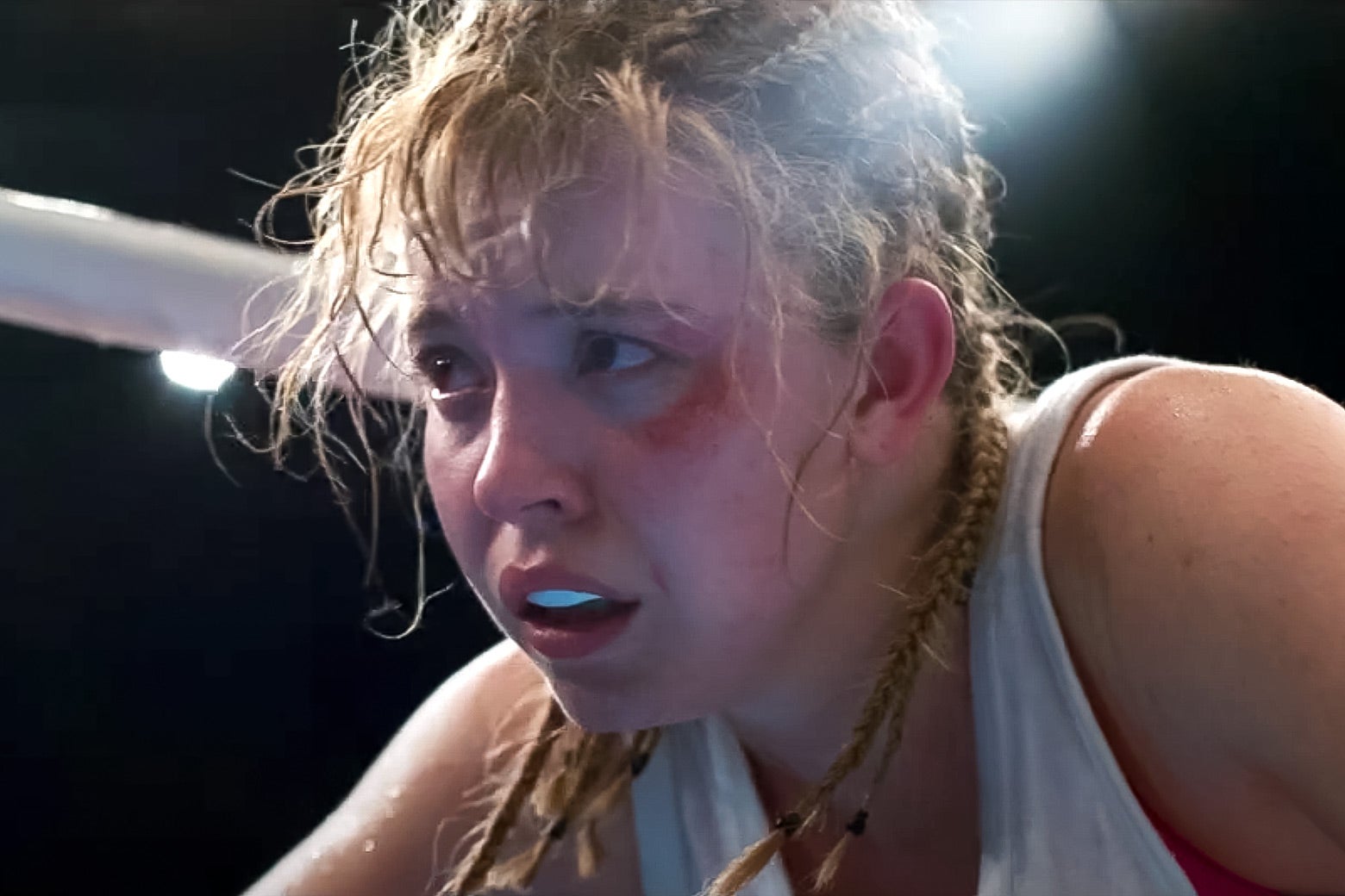 Sydney Sweeney as a bruised up fighter in the film Christy.
