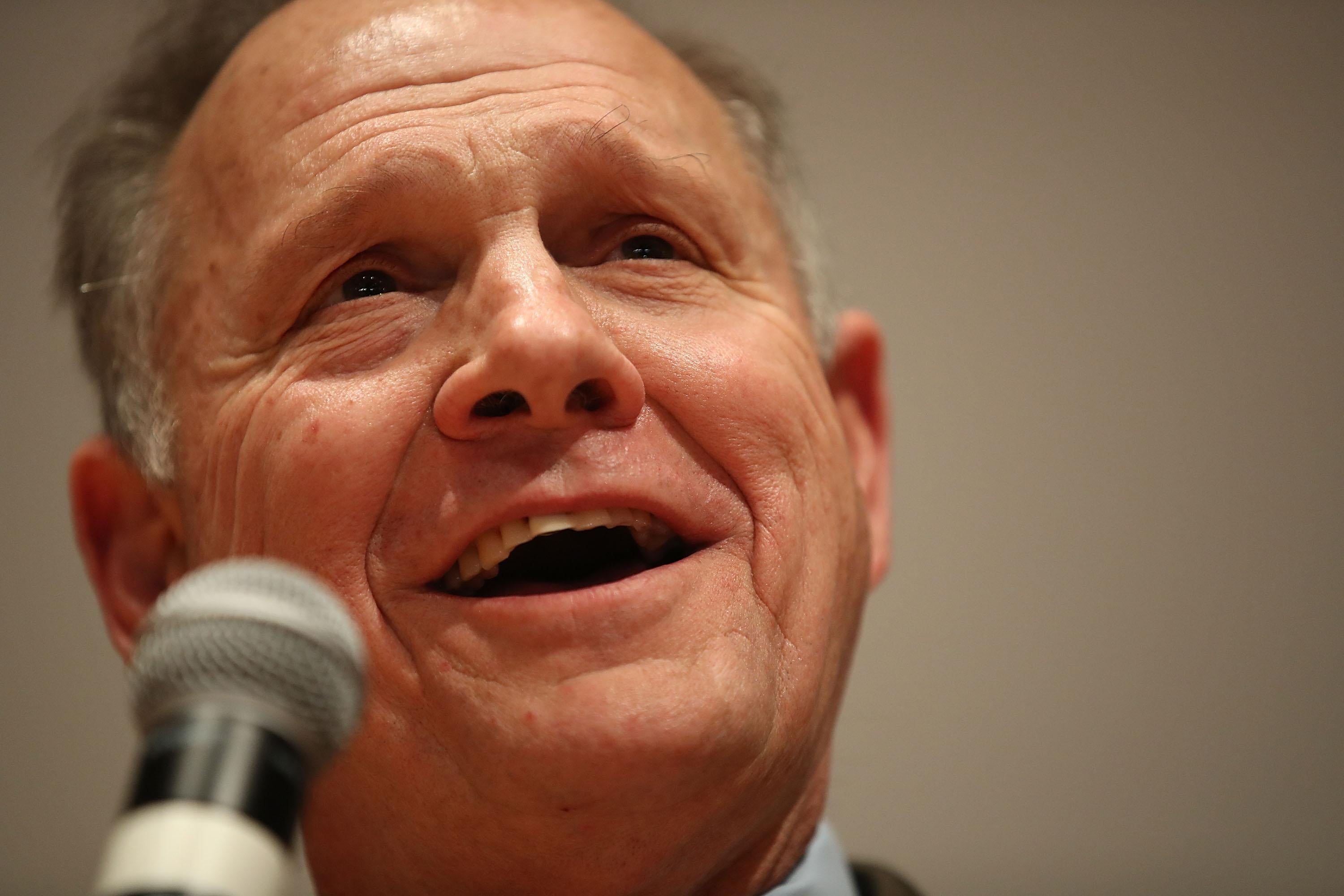 Republican Senatorial candidate Roy Moore speaks about the race against his Democratic opponent Doug Jones is too close and there will be a recount during his election night party in the RSA Activity Center on December 12, 2017 in Montgomery, Alabama. The candidates are running in a special election to replace Attorney General Jeff Sessions in the U.S. Senate.  (Photo by Joe Raedle/Getty Images)