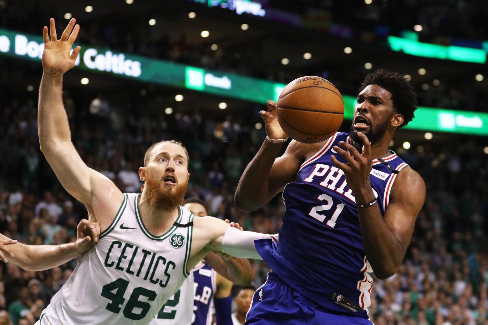 Celtics trap Joel Embiid under the basket; someone should check to see ...