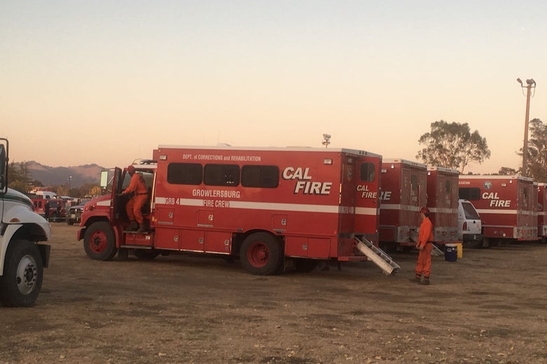 A truck at the Sonoma County Fairgrounds used to transport inmates fighting the Kincade Fire.