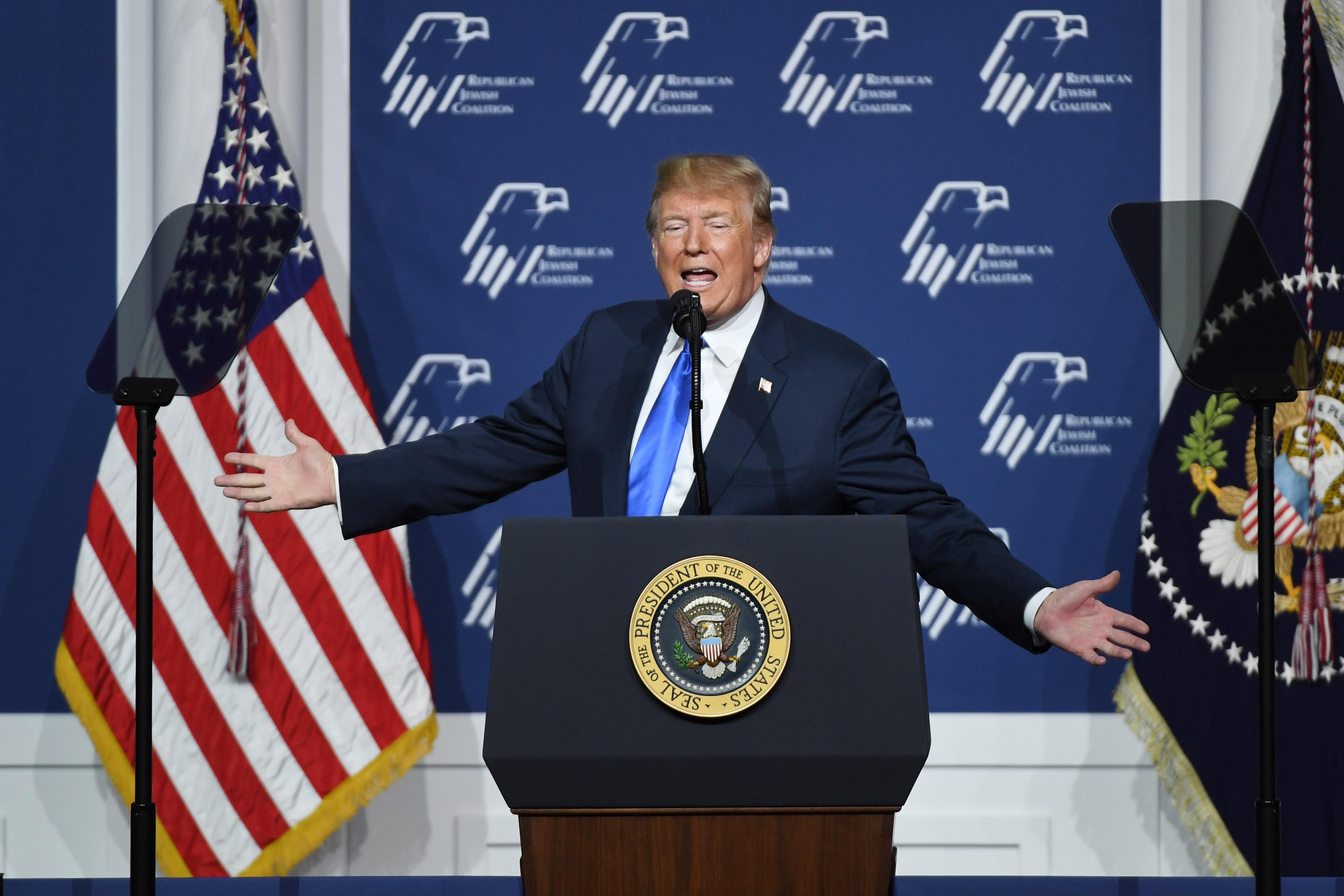 President Donald Trump speaks during the Republican Jewish Coalition's annual leadership meeting at The Venetian Las Vegas on April 6, 2019 in Las Vegas, Nevada. 