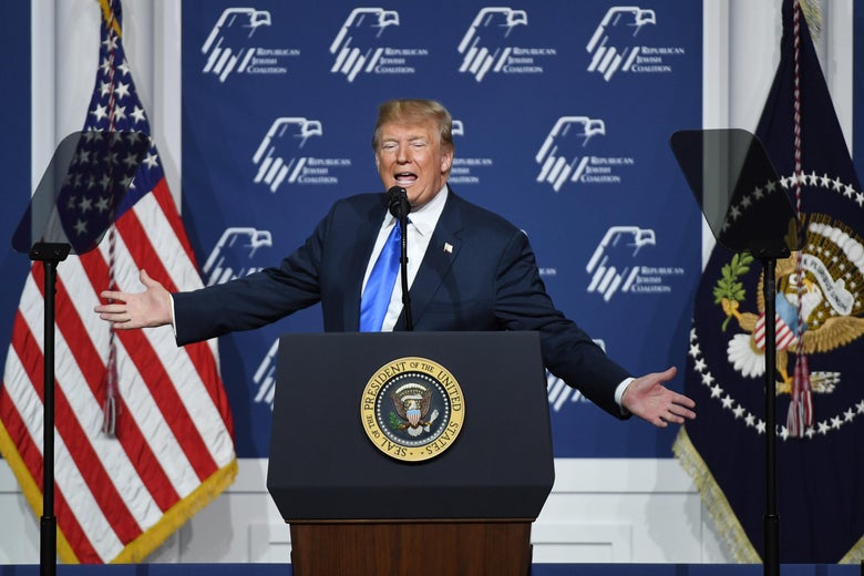 President Donald Trump speaks during the Republican Jewish Coalition's annual leadership meeting at The Venetian Las Vegas on April 6, 2019 in Las Vegas, Nevada. 