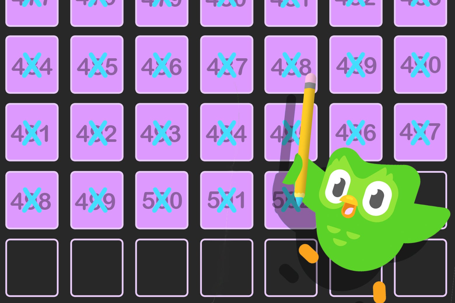 The green Duolingo owl mascot gleefully holds a pencil and stands in front of a board displaying the user's Duo streak: 502 days.
