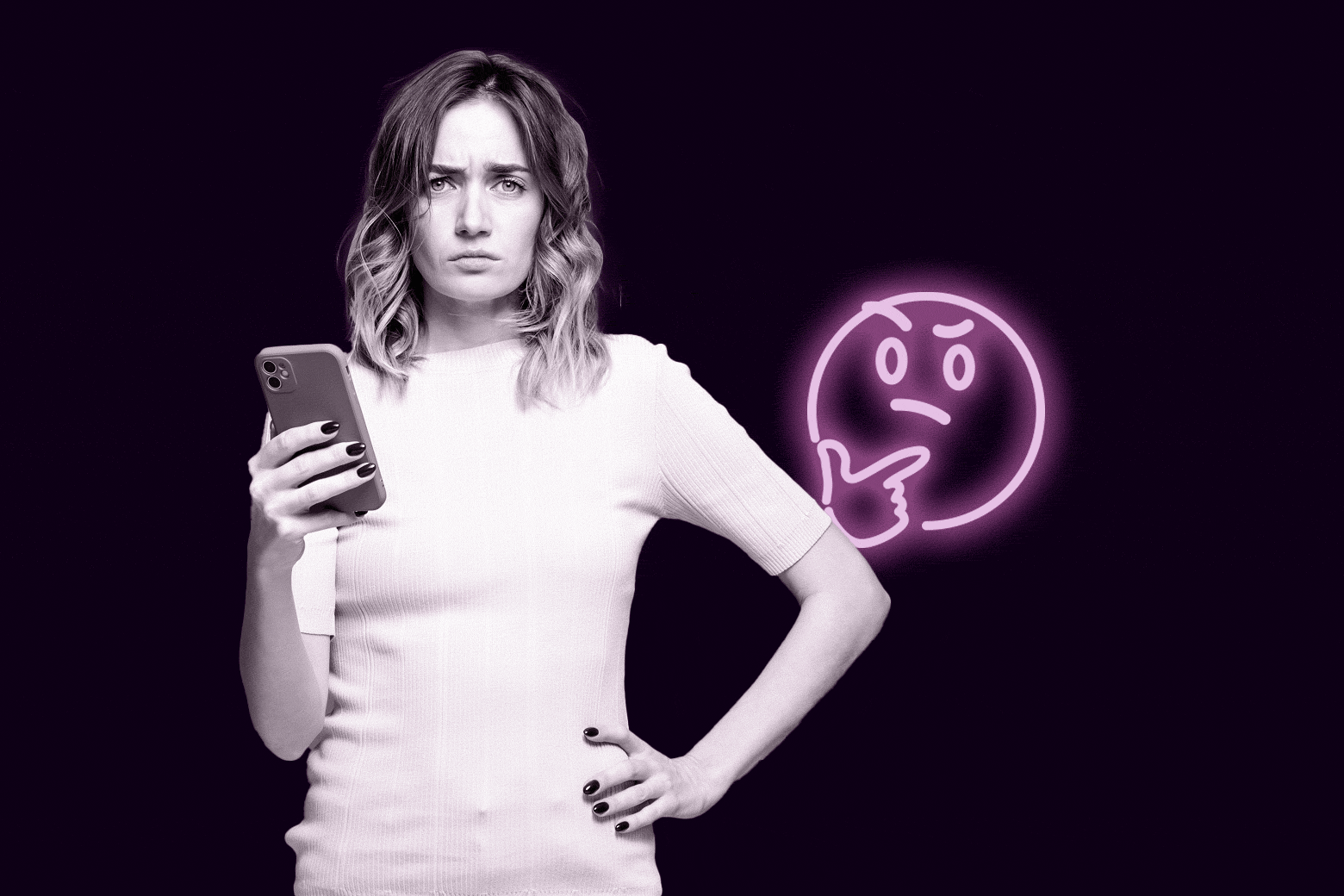 A woman holds a phone, confused. She is unsure what to do. 