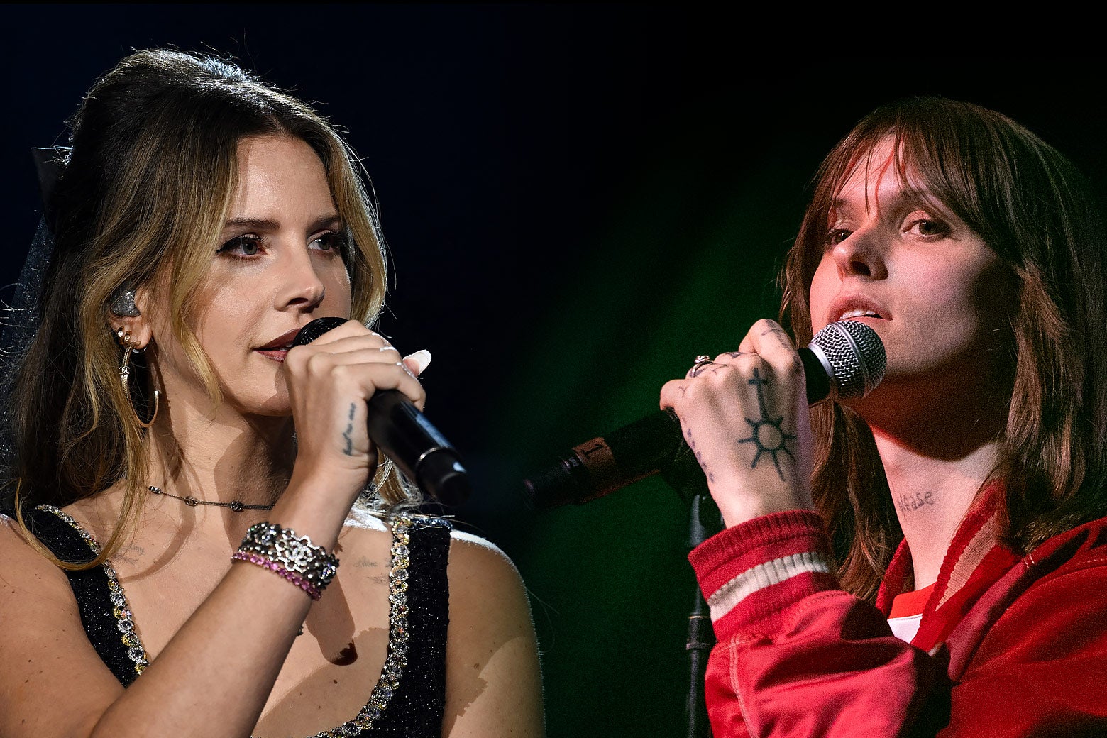 Lana Del Rey en Ethel Cain houden microfoons vast en staan tegenover elkaar.