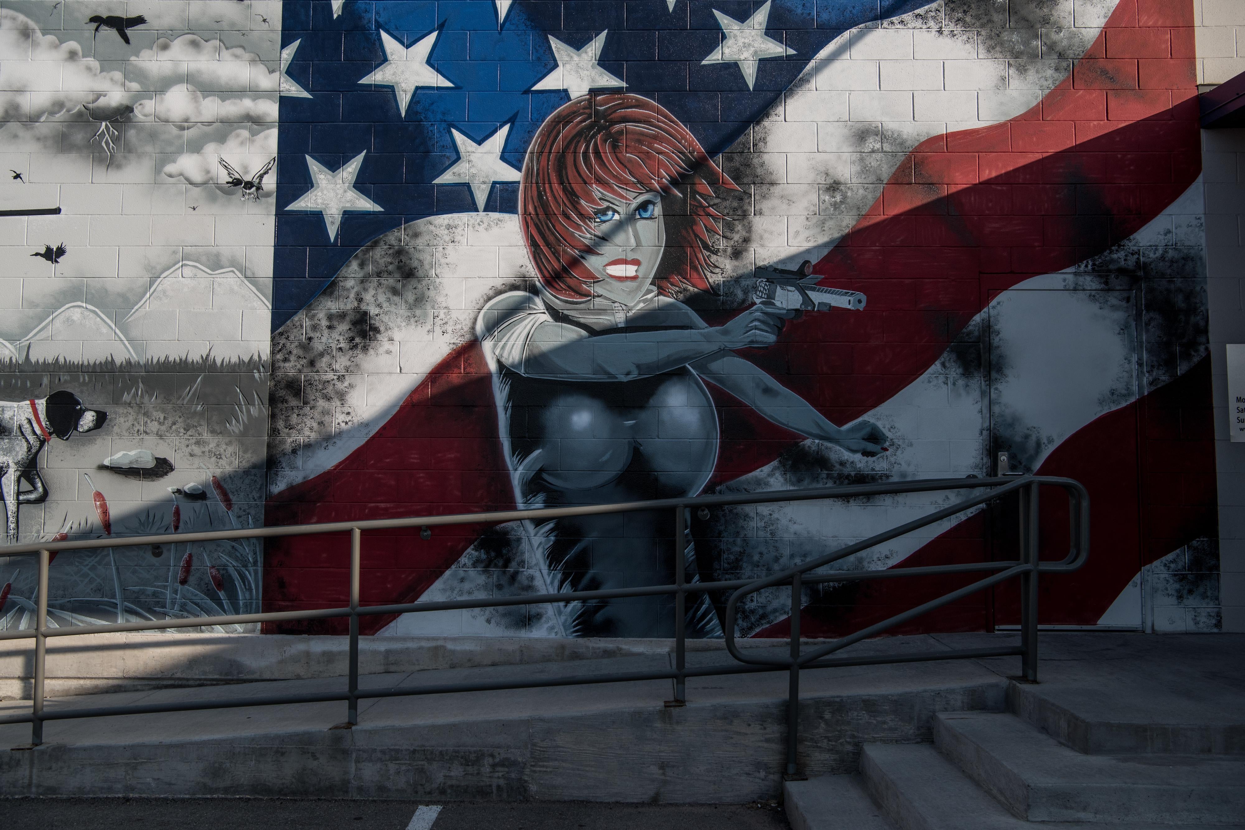 A mural on a wall outside a gun range following a deadly shooting spree on September 1, 2019 in Odessa, Texas. 