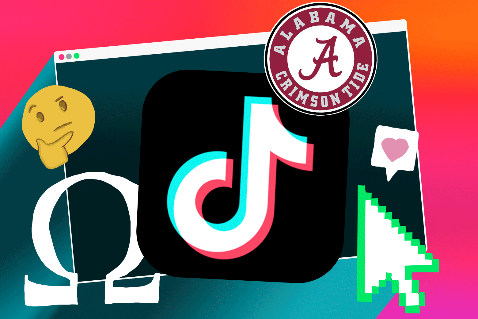 The black, red, blue, and white TikTok logo surrounded by an Omega symbol and the University of Alabama's red-and-white logo with an A on it.
