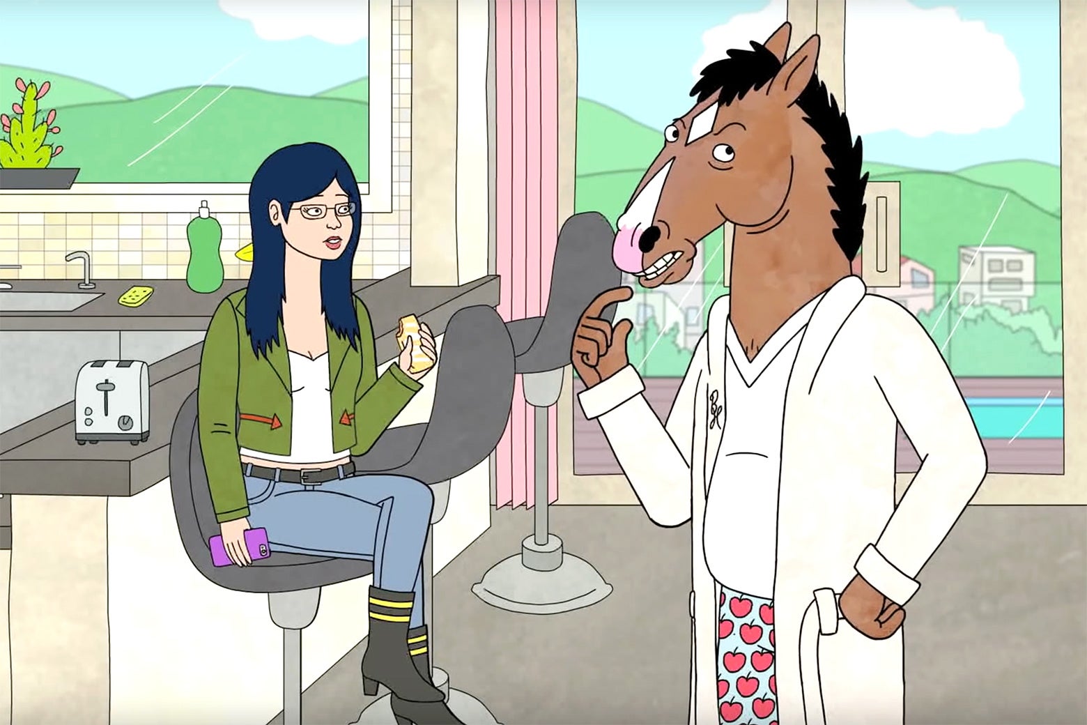 Still: Diane Nguyen sits in a chair as she speaks to BoJack Horseman, who is wearing a robe and his pajamas.