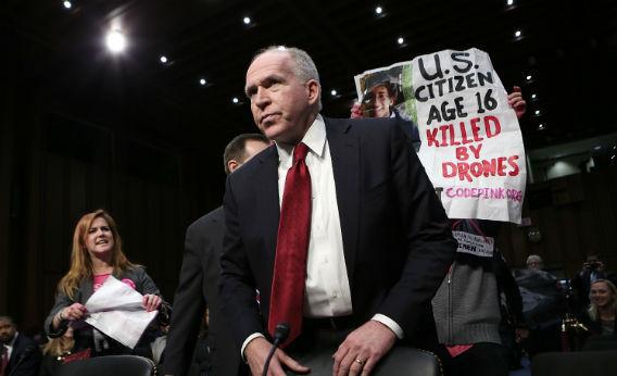 Anti-war protesters disrupt the start of a nomination hearing for U.S. Assistant to the President for Homeland Security and Counterterrorism John Brennan.