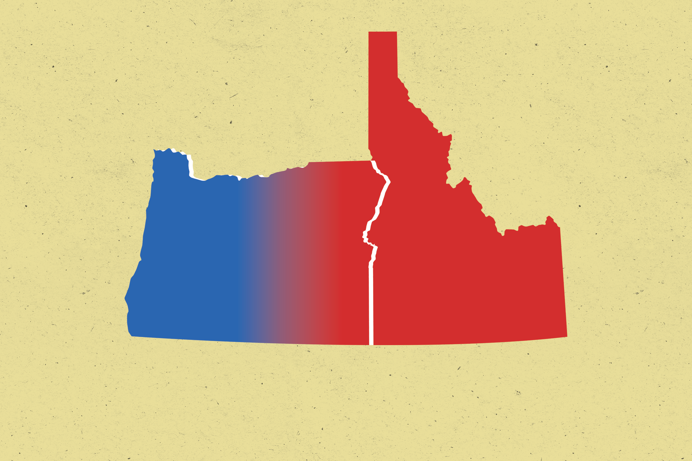 A photo illustration showing Oregon and Idaho, with Oregon colored half blue, half red, and Idaho colored red.