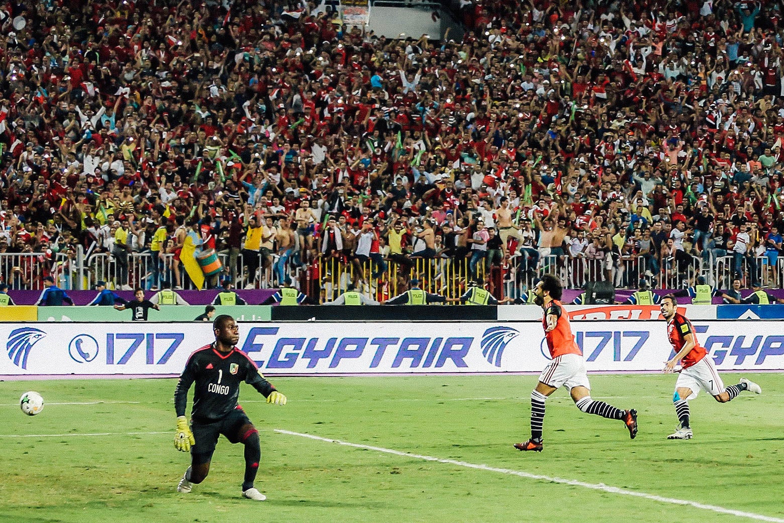 Mohamed Salah celebrates his second goal during the World Cup Group E qualifying soccer match at the Borg El Arab Stadium in Alexandria, Egypt, on Oct. 8.