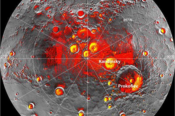 Locations of ice at Mercury's north pole.