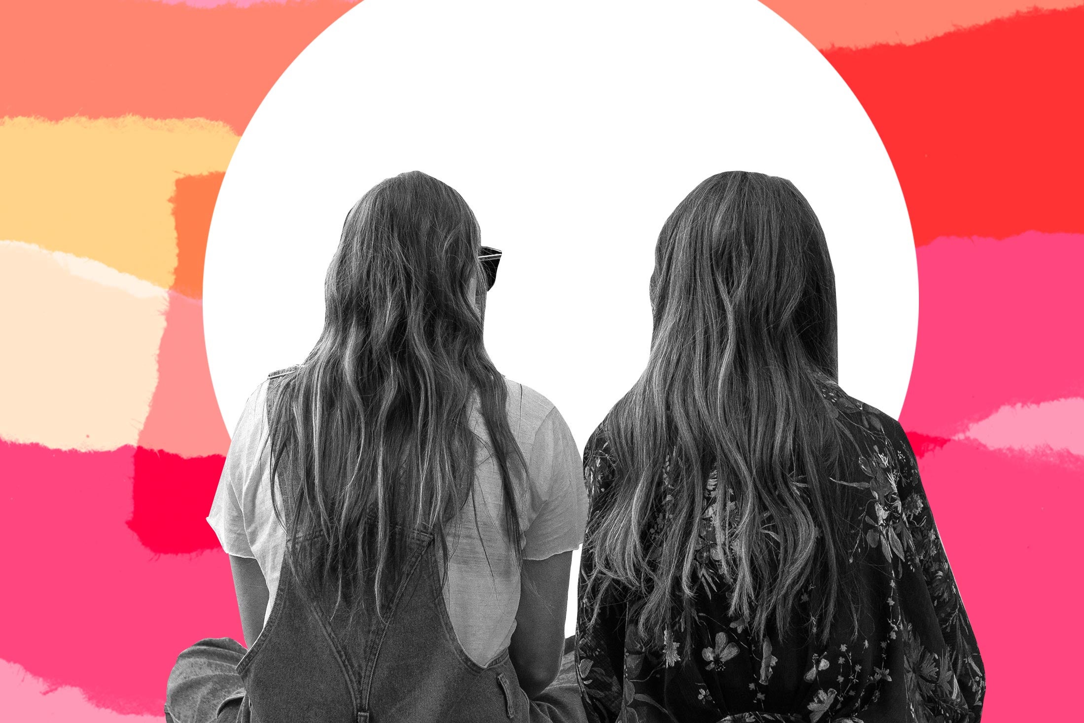 Photo illustration of two young women with their backs facing toward the camera.