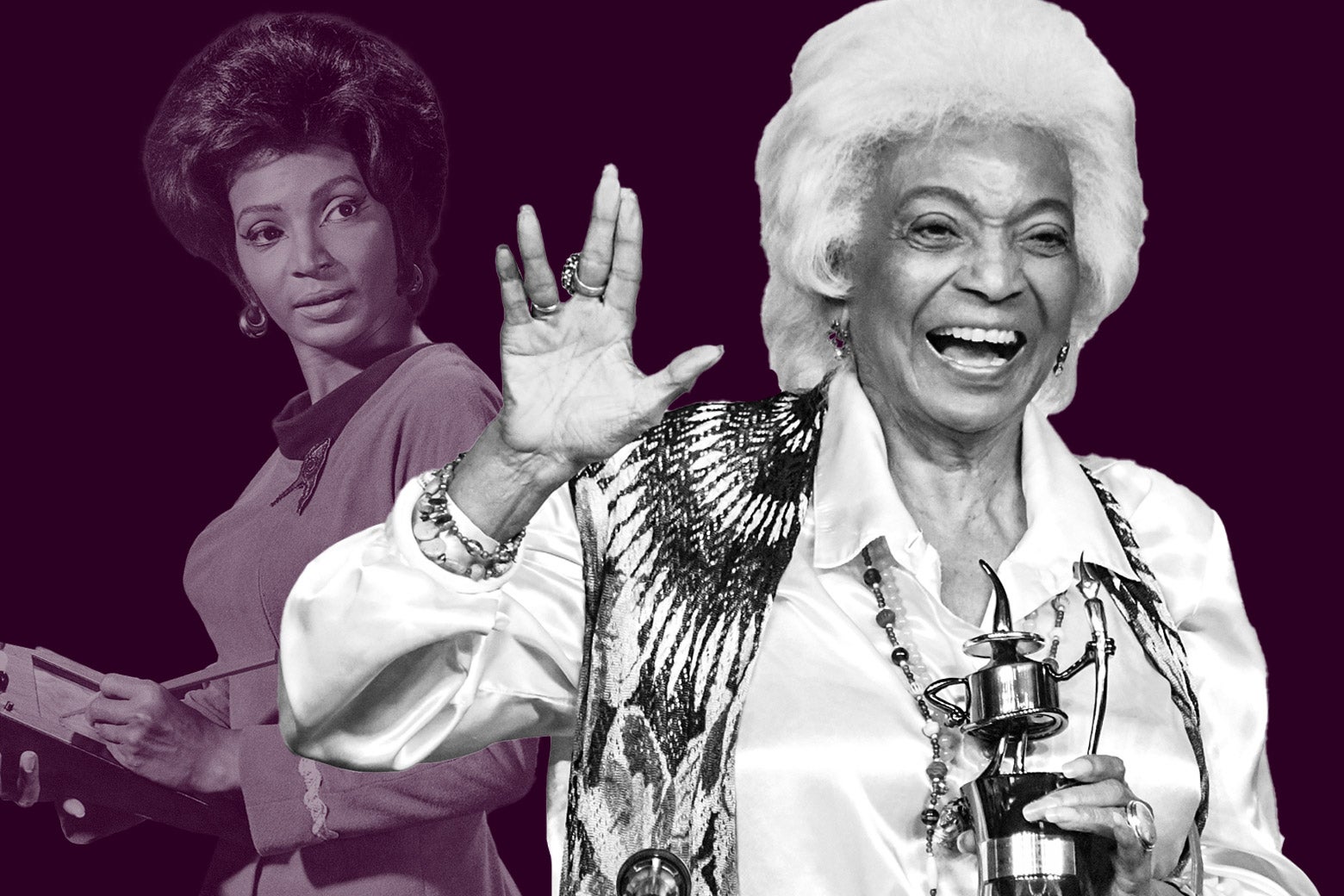 In the foreground, a white-haired Nichelle Nichols holds a statuette and raises her hand in a Vulcan salute. In the background, a young Nichelle Nichols in costume as Lieutenant Uhura.
