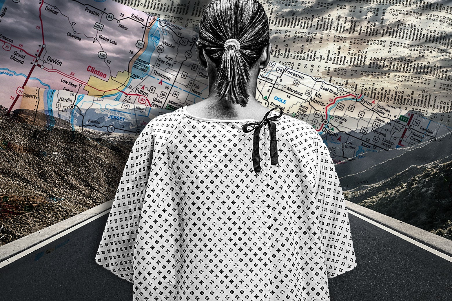 A patient in a surgical gown looks ahead at a long road with overlapping maps in the background.