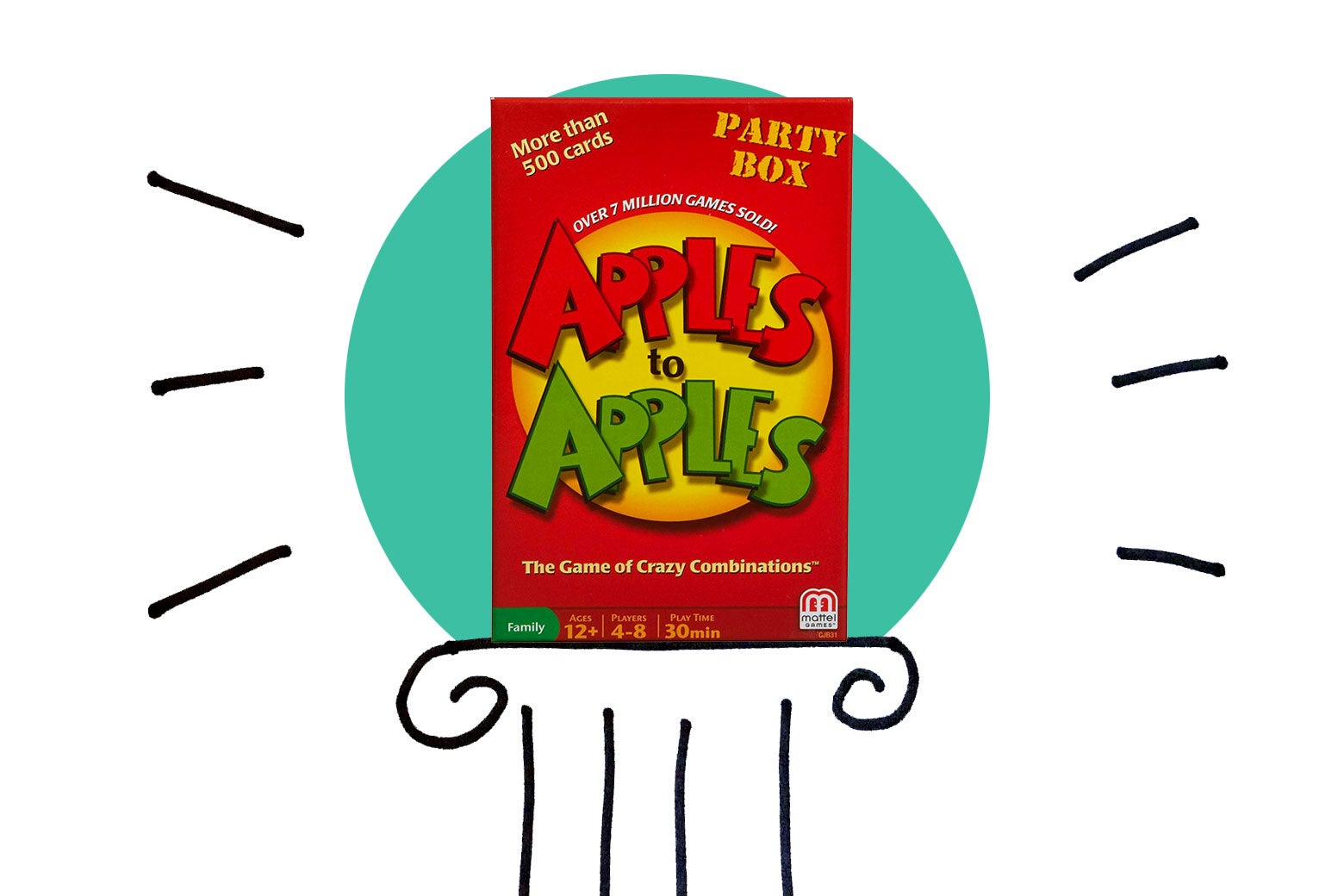 Apples to Apples on an illustrated pedestal