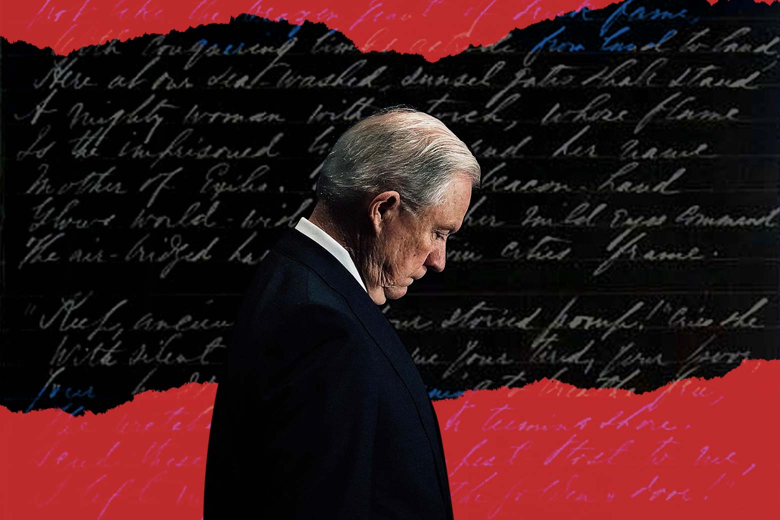 Photo illustration: Attorney General Jeff Sessions looking down against a background of written script.