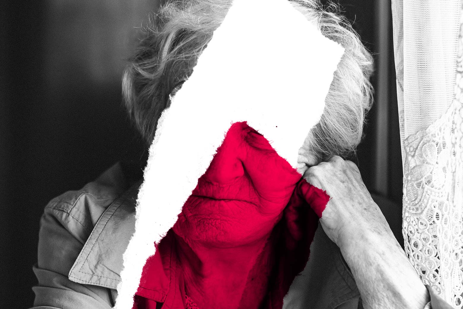 Photo illustration: torn image of an older woman.