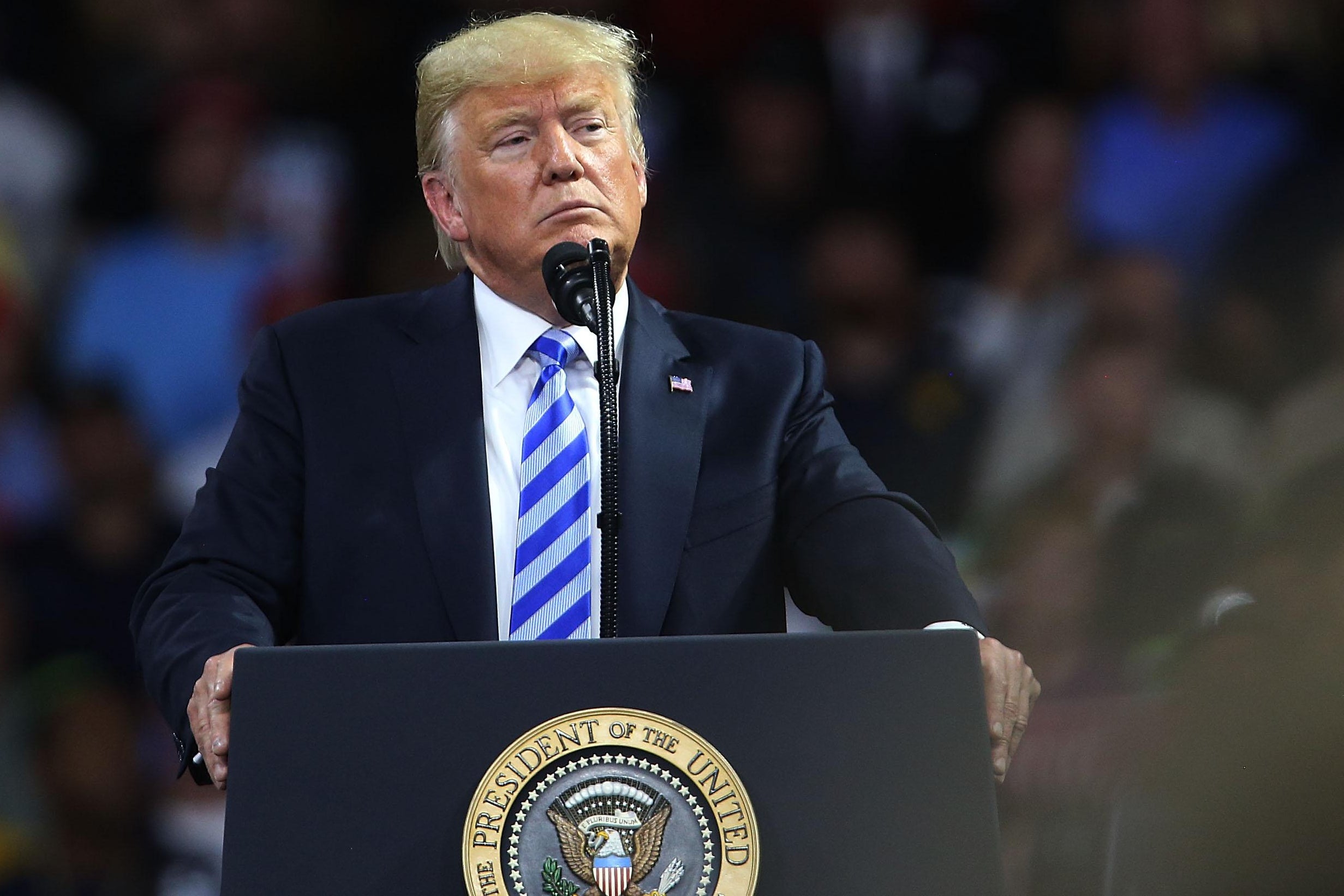 President Donald Trump speaks at a rally at the Charleston Civic Center on August 21, 2018 in Charleston, West Virginia. 