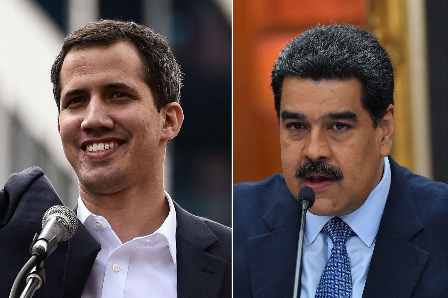 On the left is a photograph of a smiling Juan Guaidó. On the right is a photo of Nicolás Maduro.