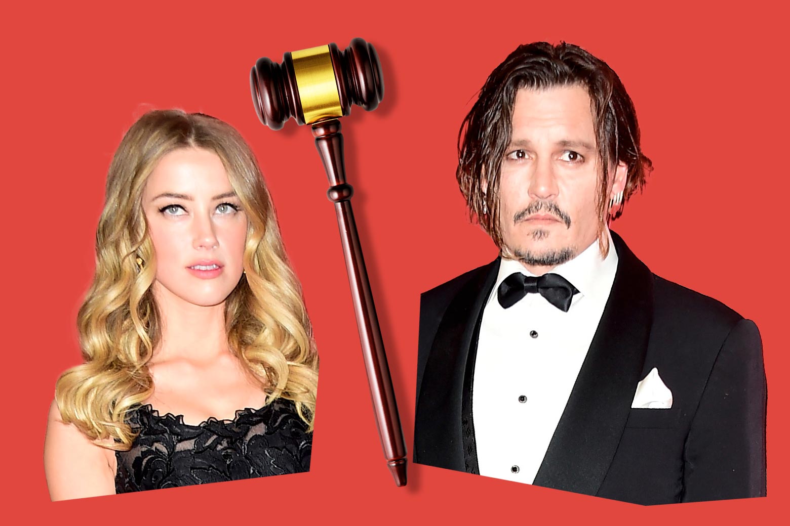 Collage of a judge's gavel between photos of Amber Heard and Johnny Depp in formalwear