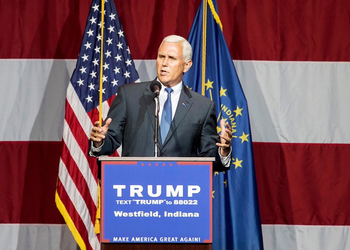 Indiana Governor Mike Pence introduces Republican presidential candidate Donald Trump at the Grand Park Events Center on July 12, 2016 in Westfield, Indiana. 