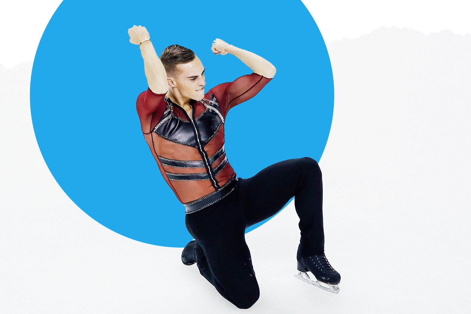 Adam Rippon skating in a red leather shirt.