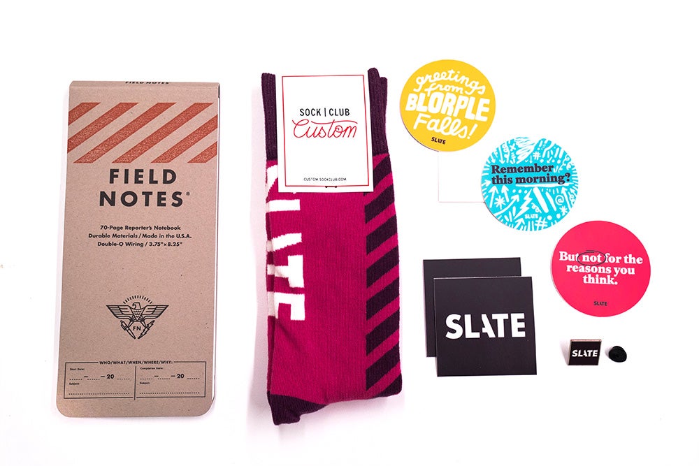 Swag to celebrate: reporter‘s notebook, stickers, and socks.