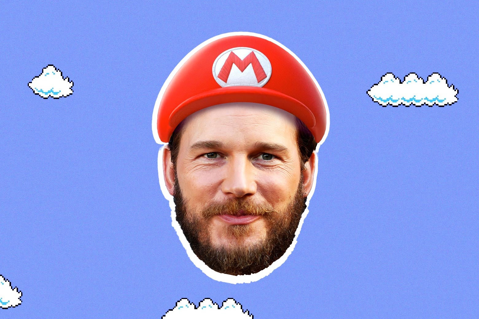 A man with a brown beard wears a red hat that says the letter M on it. His head is floating atop a blue sky background with white clouds. 