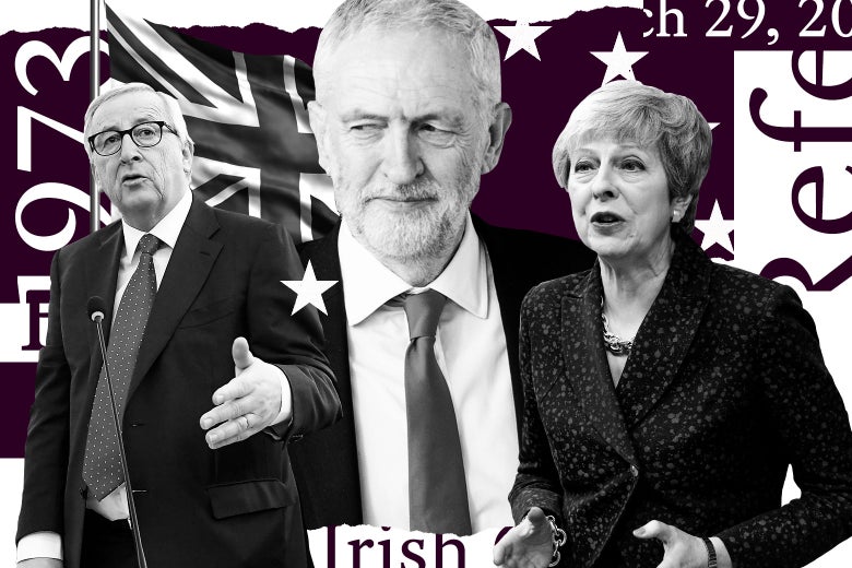 Photo illustration of European Commission President Jean-Claude Juncker, Labour Party leader Jeremy Corbyn, and U.K. Prime Minister Theresa May against a backdrop of the United Kingdom flag and several Brexit-related word cutouts, including "Irish," "1973," "March 29, 2019," and "Referendum."