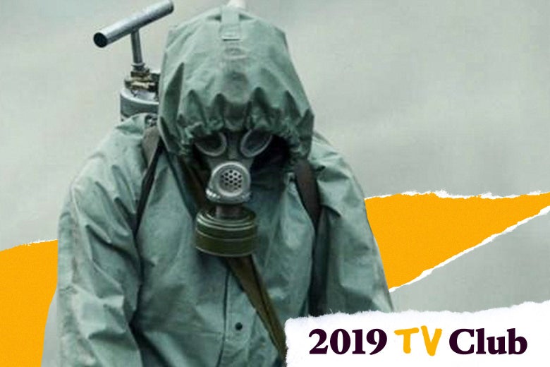 Photo illustration of a fully suited person from HBO's Chernobyl alongside the TV Club 2019 logo.