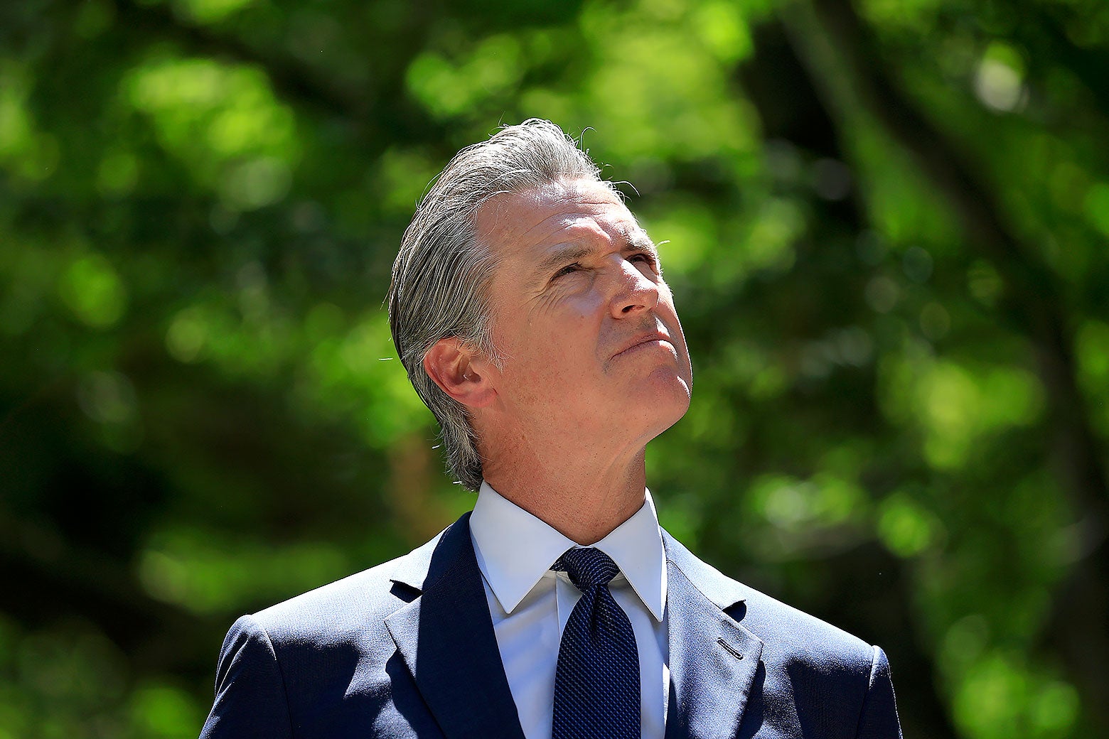 Der Gouverneur von Kalifornien, Gavin Newsom, blickt nachdenklich nach oben.
