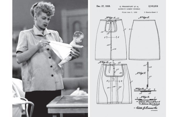 At left: Lucille Ball in I Love Lucy tries to fit a diaper on a doll. At right: a patent drawing for a tie-waste skirt.
