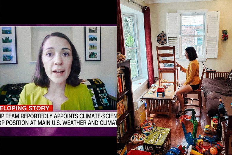 On the left, a screenshot of Gretchen on CNN, and on the right, the photo in question showing the whole scene with toys everywhere and Gretchen wearing shorts and sandals.