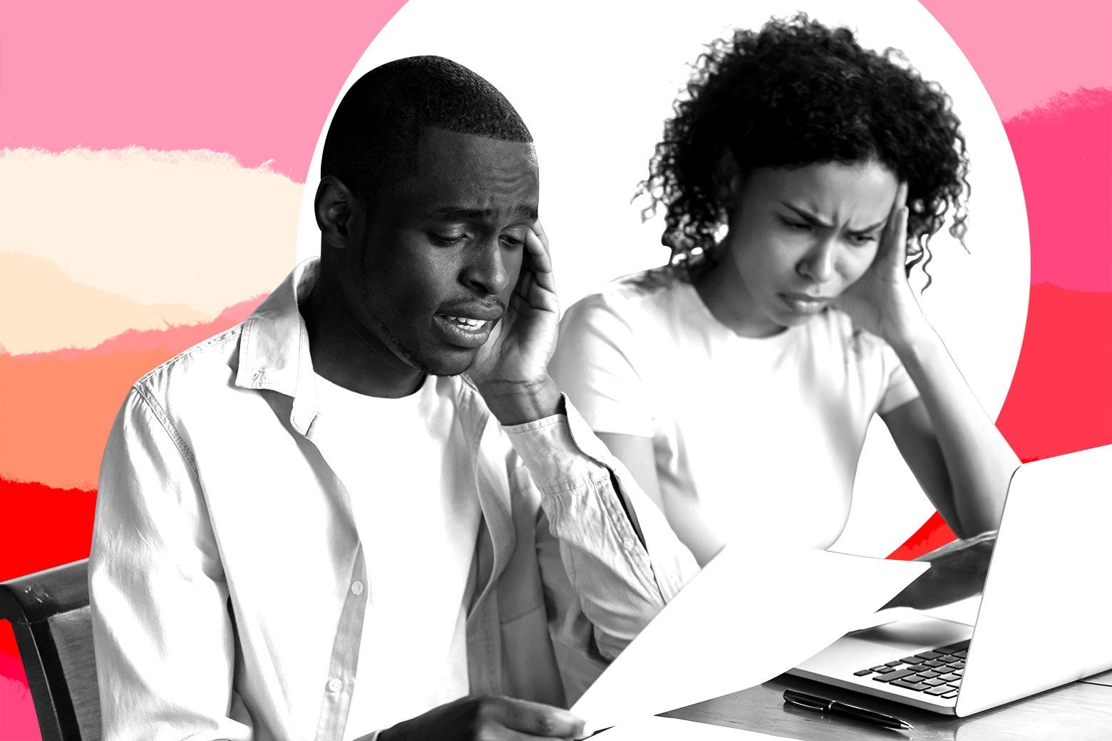 Photo illustration of a married couple of color looking with frustration at a computer screen.