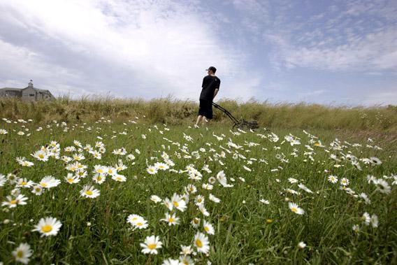 Andrew Clark, 15, looks over his shoulder while mowing a field.