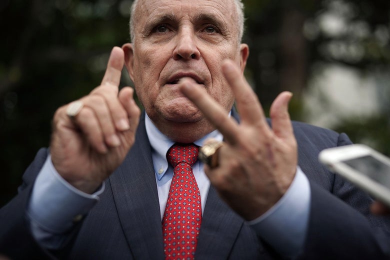 Rudy Giuliani speaks to members of the media during a White House Sports and Fitness Day at the South Lawn of the White House May 30, 2018 in Washington, D.C. 