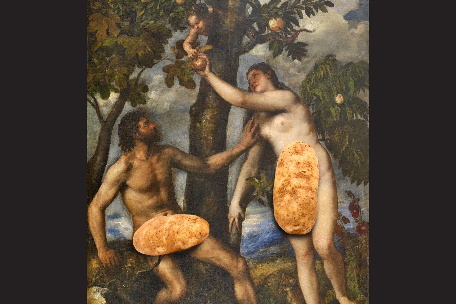 Titian's painting of Adam and Eve in the Garden of Eden is seen with large potatoes replacing the vines that shield their genitals in the original.