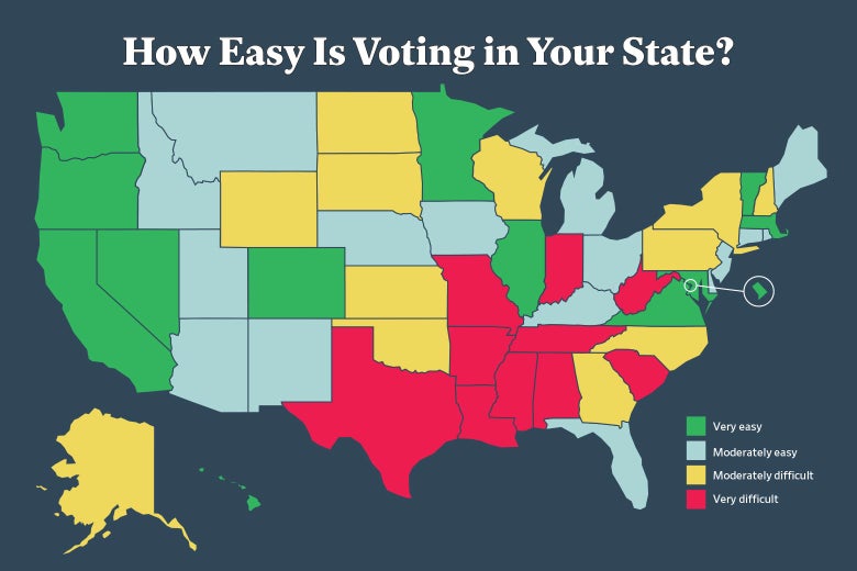 A map showing for each state whether it is very easy, moderately easy, moderately difficult, or very difficult to vote.
