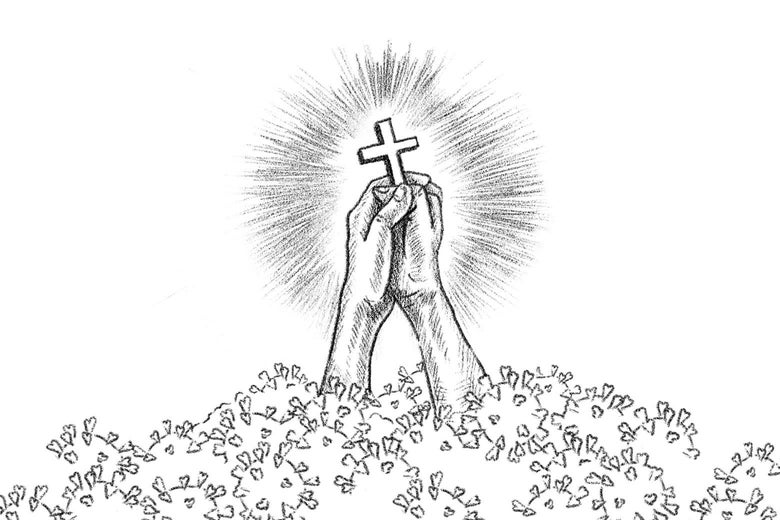 Drawing of a pair of hands rising out of a sea of coronavirus particles to hold up a cross.