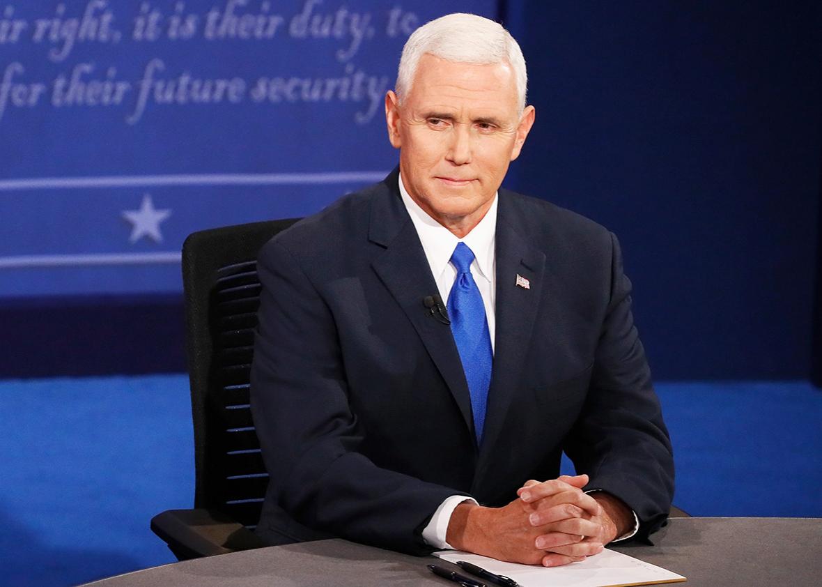 Republican vice presidential nominee Mike Pence during the Vice Presidential Debate at Longwood University on Oct. 4, 2016 in Farmville, Virginia.  