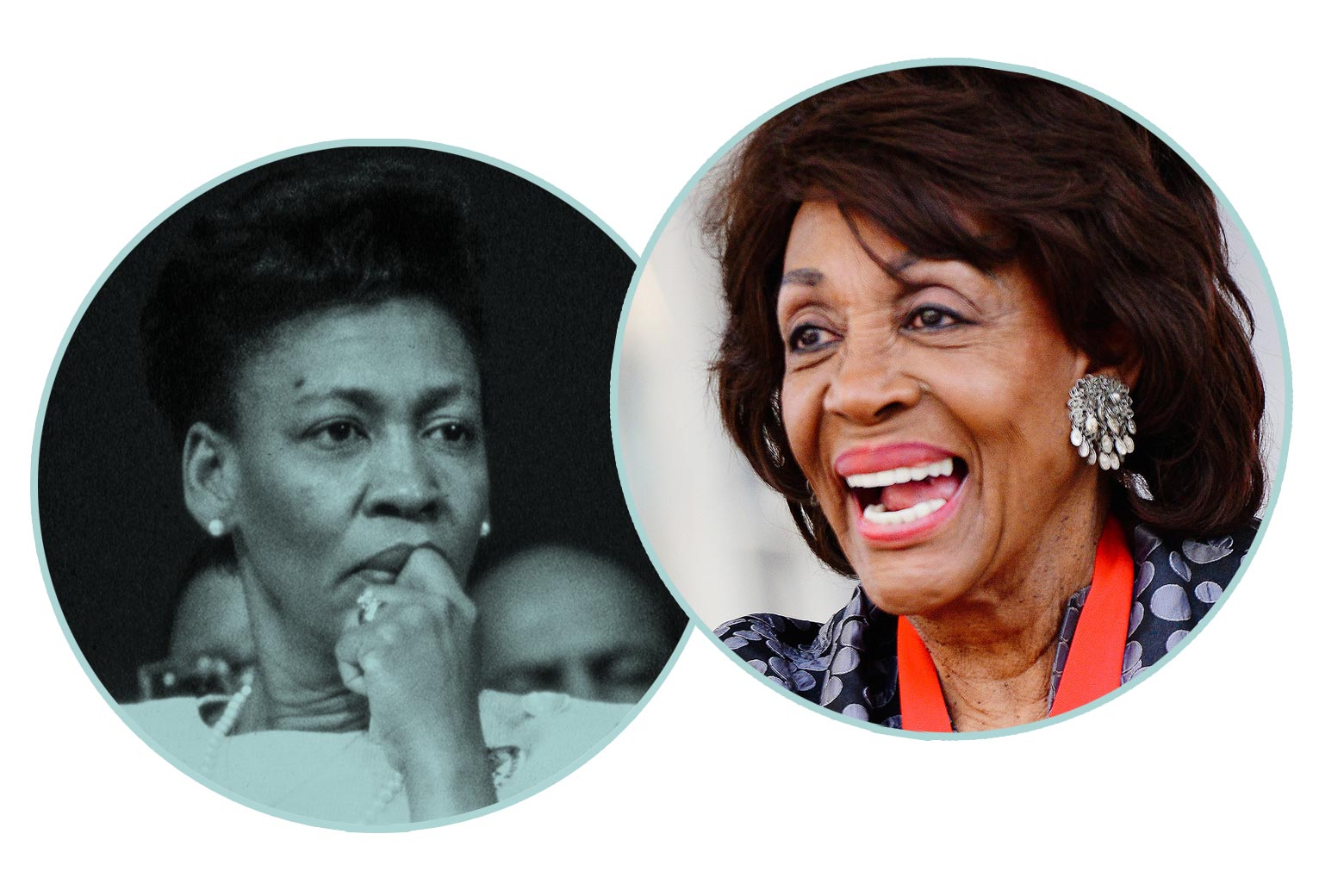 Maxine Waters, around age 45, and Maxine Waters, around age 82, as seen in black-and-white and color headshots.