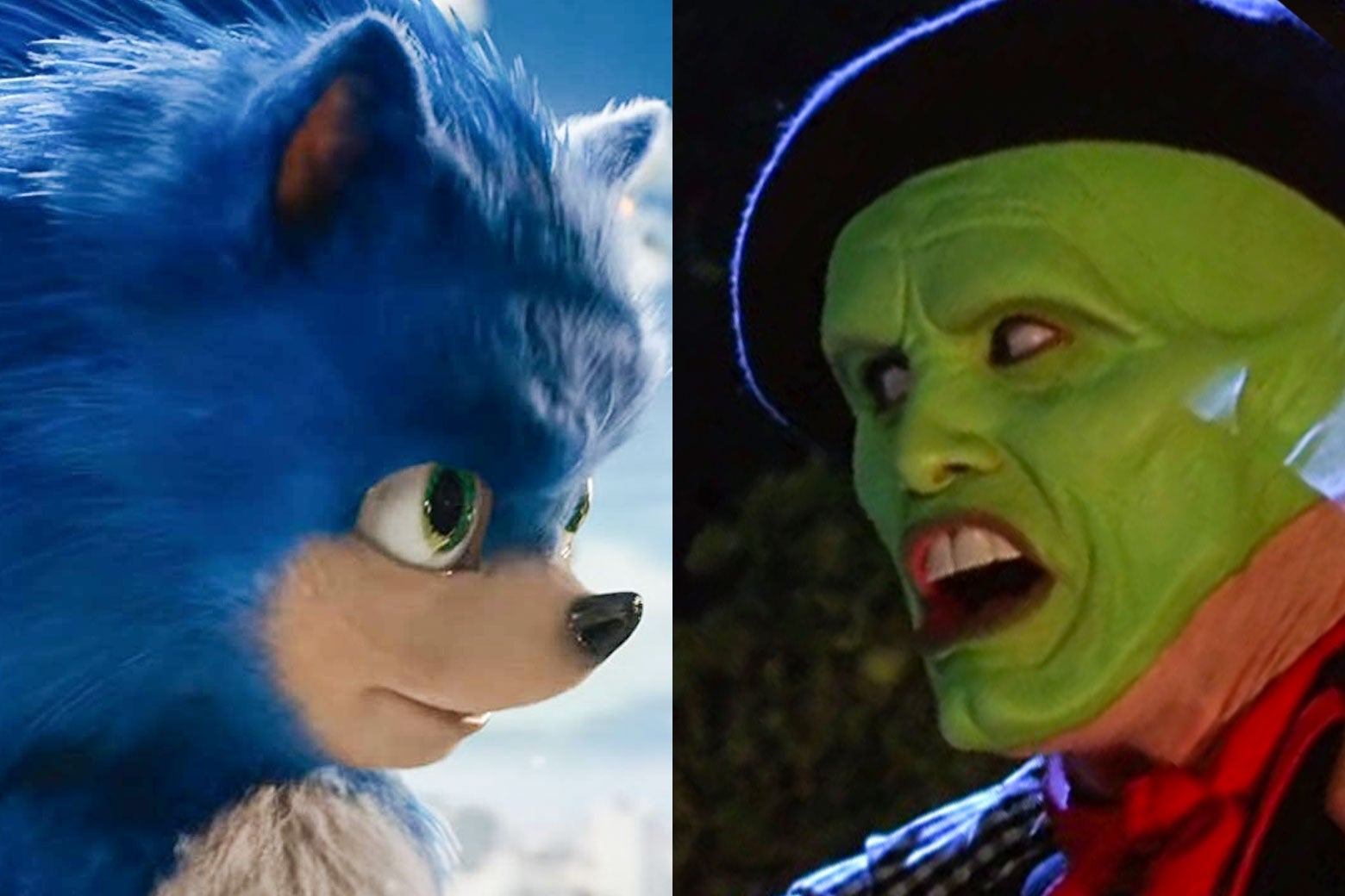 Sonic the Hedgehog and Jim Carrey's The Mask stare each other down.
